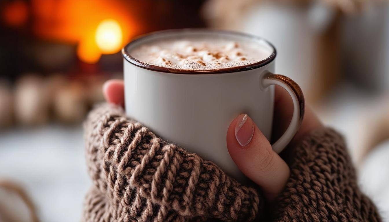 Hand holding a cozy mug of hot cocoa with a chunky knit sweater in a warm, soft-lit background.