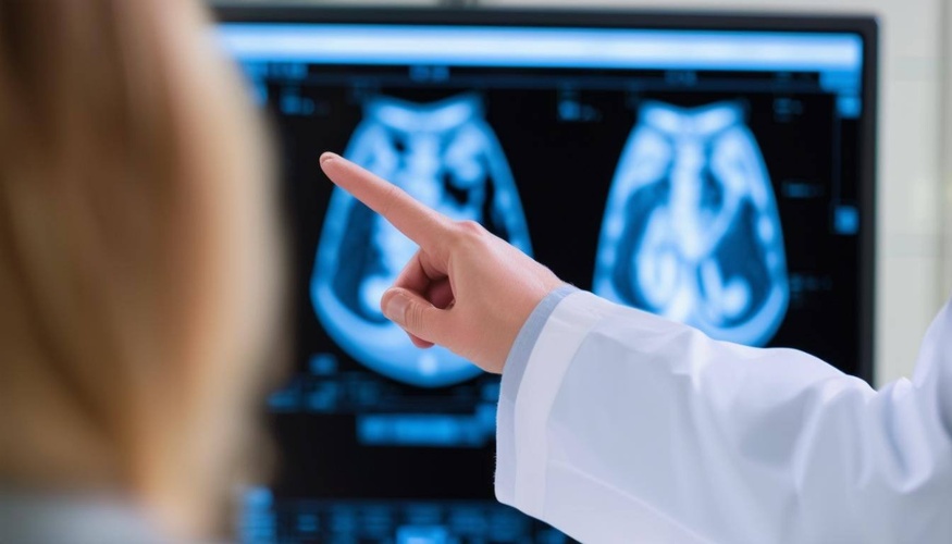 Doctor explaining mammogram scan to patient for early breast cancer detection.