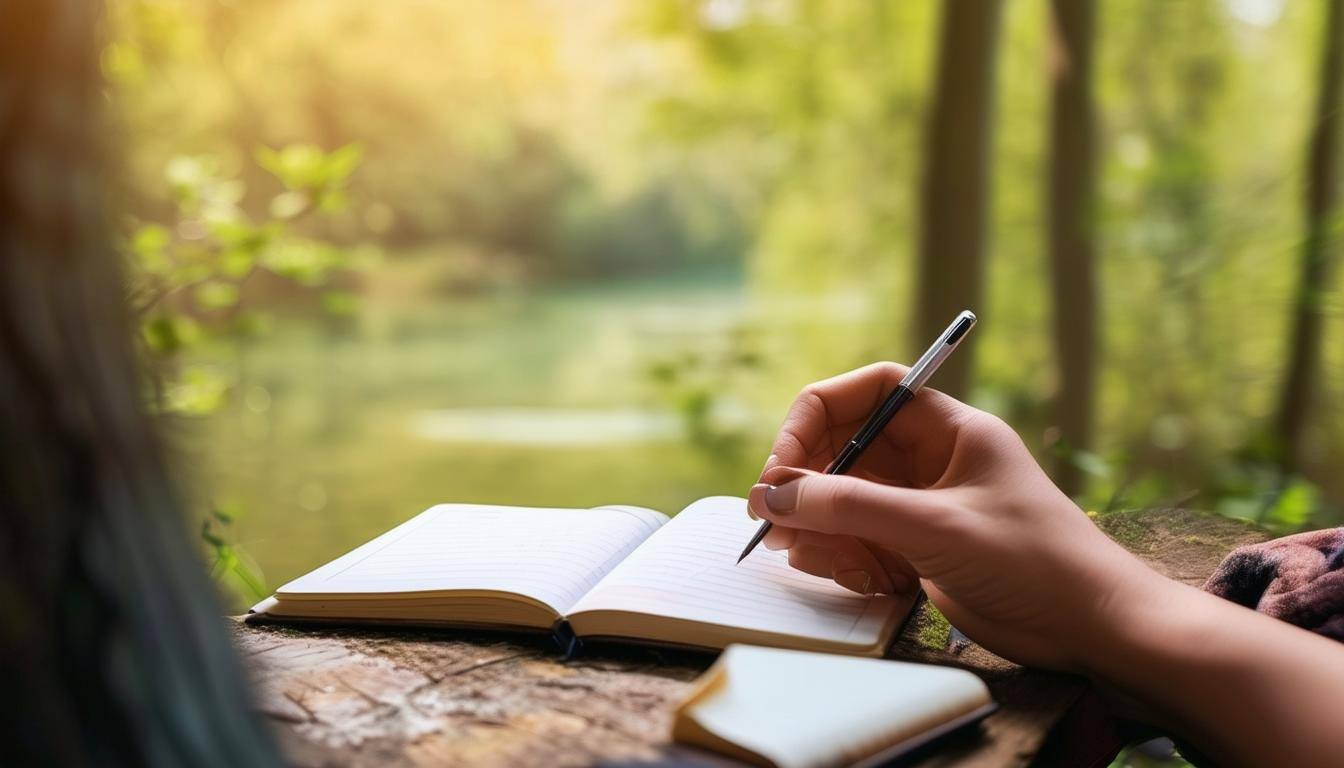 A person journaling with a pen and notebook, surrounded by peaceful nature-1