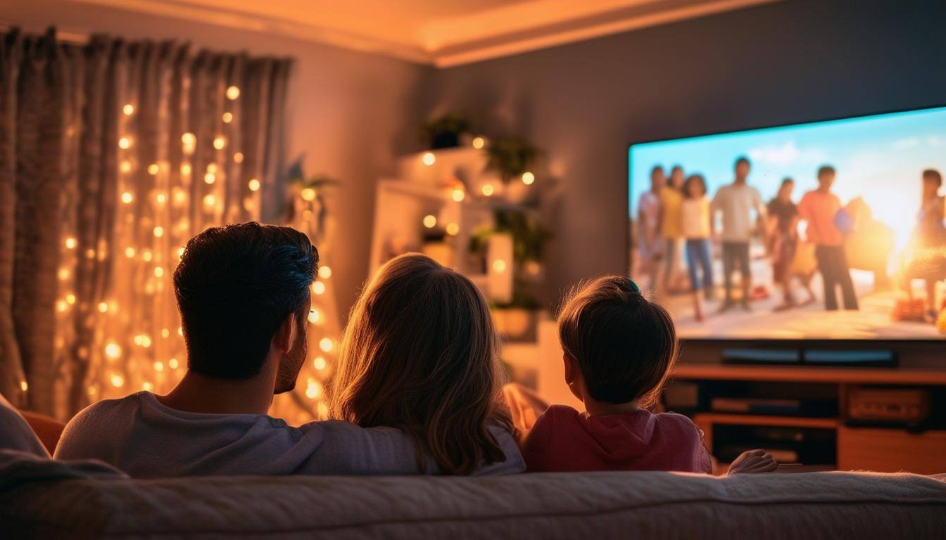 Family watching inspiring Christian movies on Netflix together, showcasing faith and togetherness.