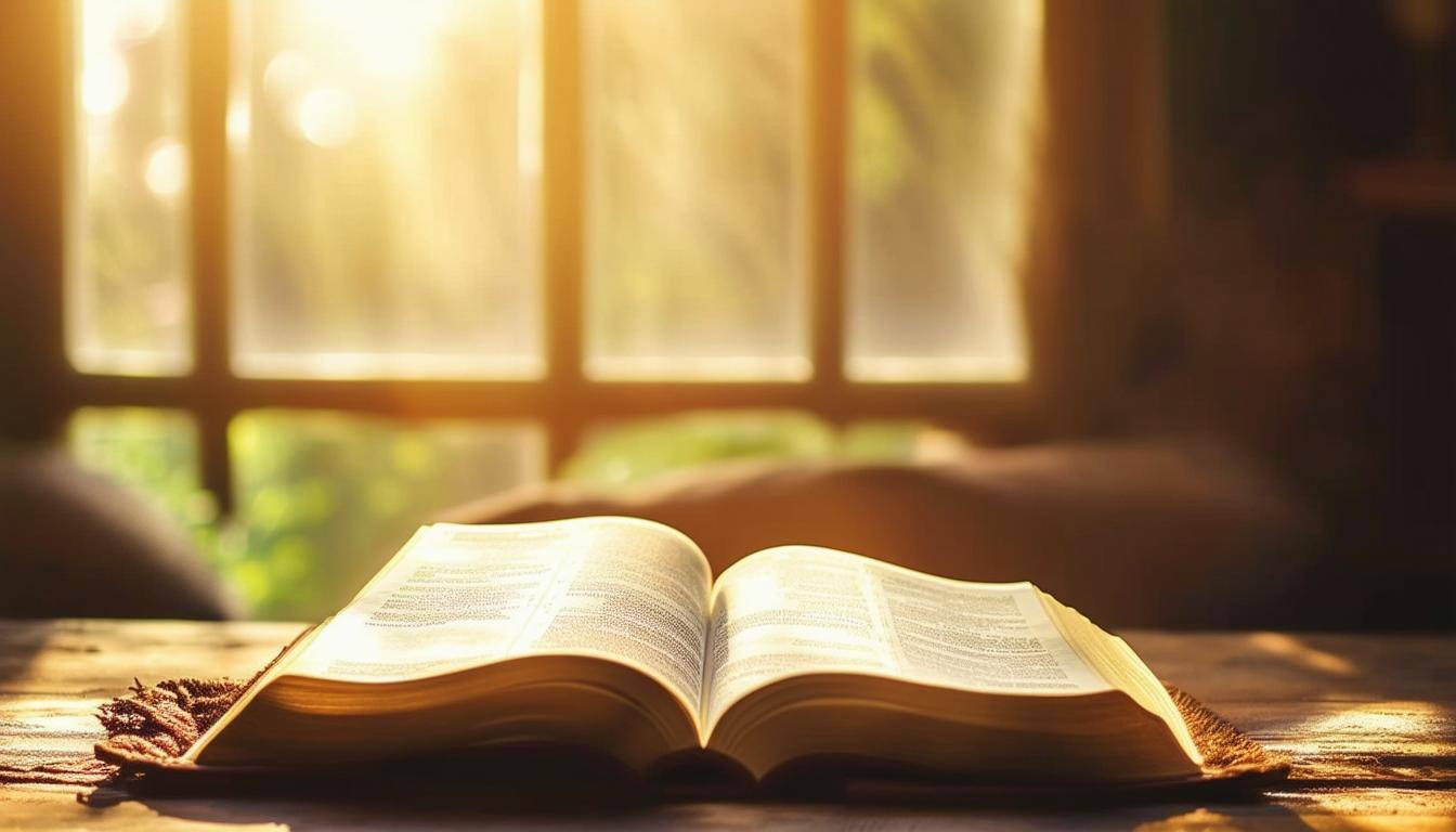 An open Bible on a cozy table with sunlight streaming through a window