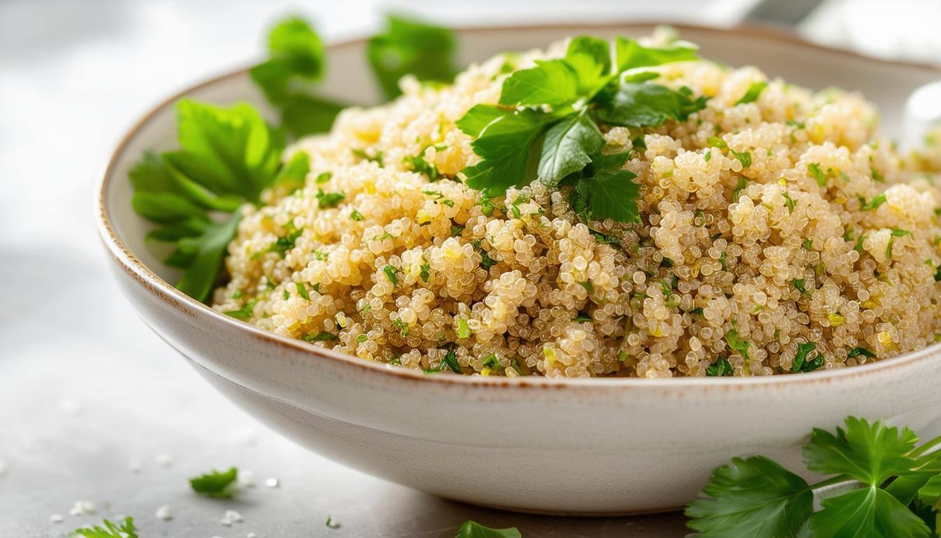 Bowl of quinoa with sautéed spinach and mushrooms, heart-healthy meal, rich in magnesium, nutritious superfood, plant-based recipe.