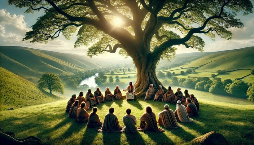 esus teaching followers in a peaceful, sunlit countryside.