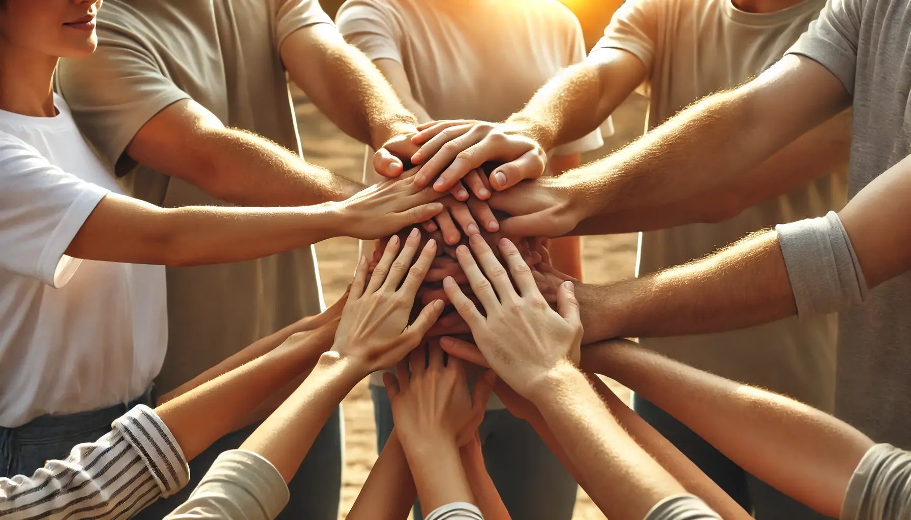 Hands stacked in unity, symbolizing community and support.