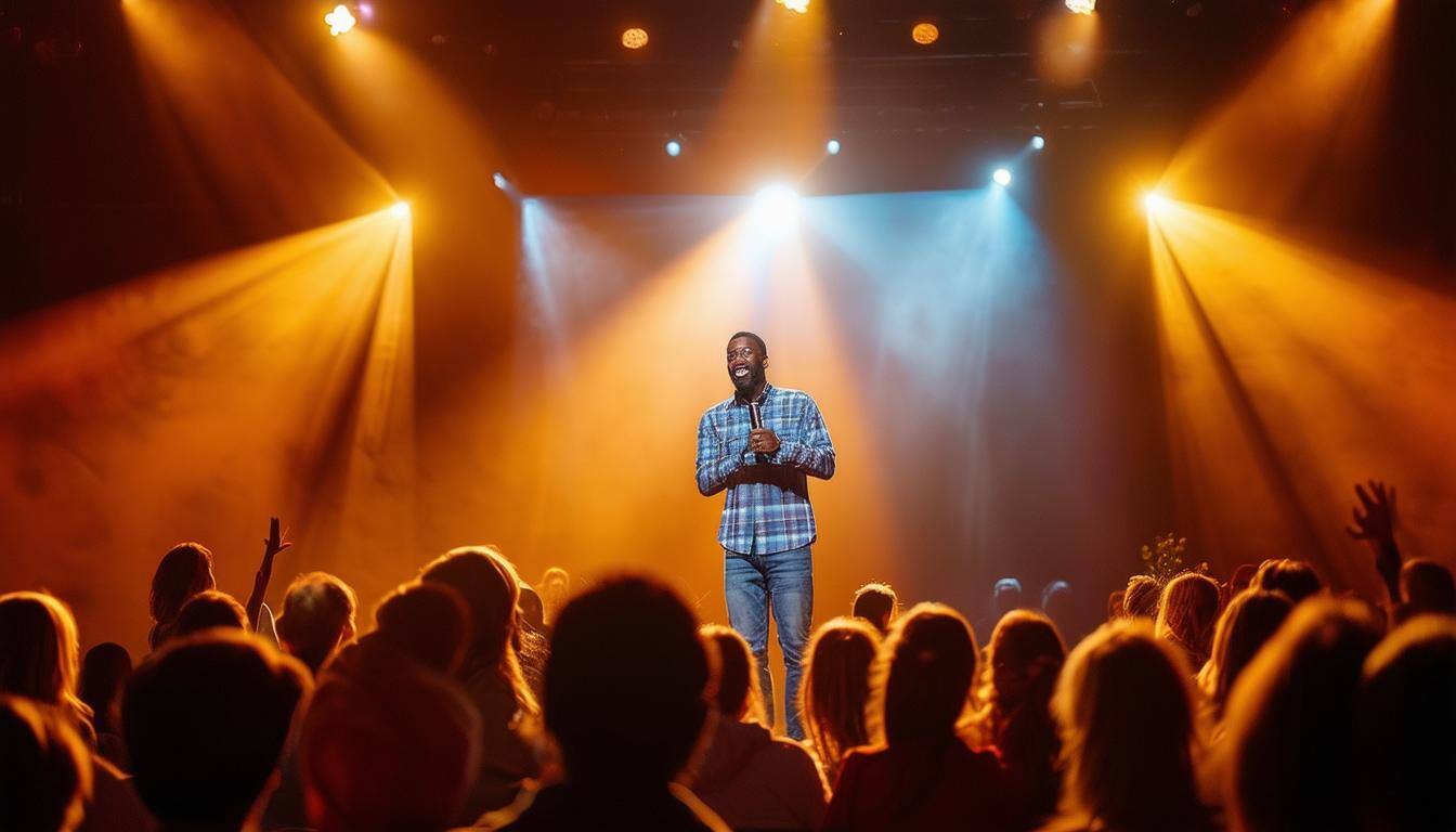 Christian comedian performing on stage with a joyful audience.