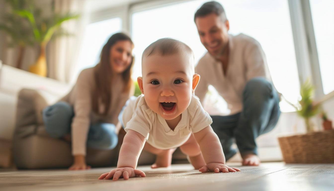 Family with baby in a baby-proofed living room