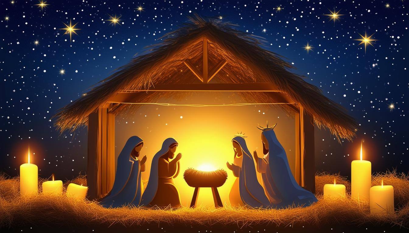 Nativity scene with glowing manger, symbolizing the birth of Jesus Christ and the true meaning of Christmas.