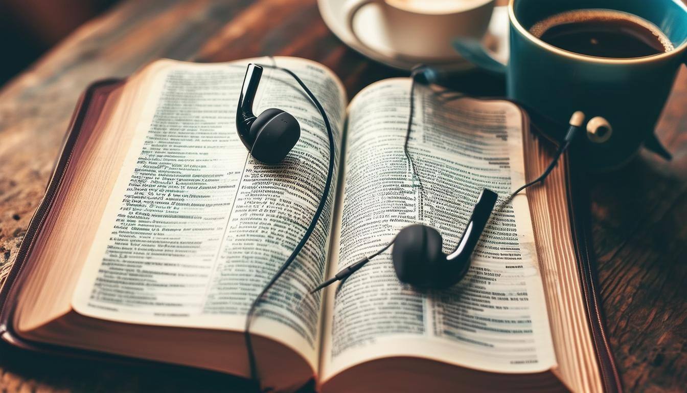 Open Bible with earphones and a cup of coffee, symbolizing Christian podcasts as a tool for spiritual growth and daily inspiration