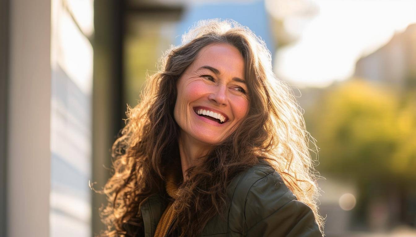 Woman celebrating health and wellness at 40 with confidence and joy.