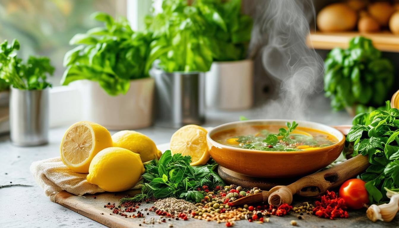 Healthy salt alternatives for high blood pressure: Fresh herbs, spices, lemons, and a bowl of soup on a kitchen counter.